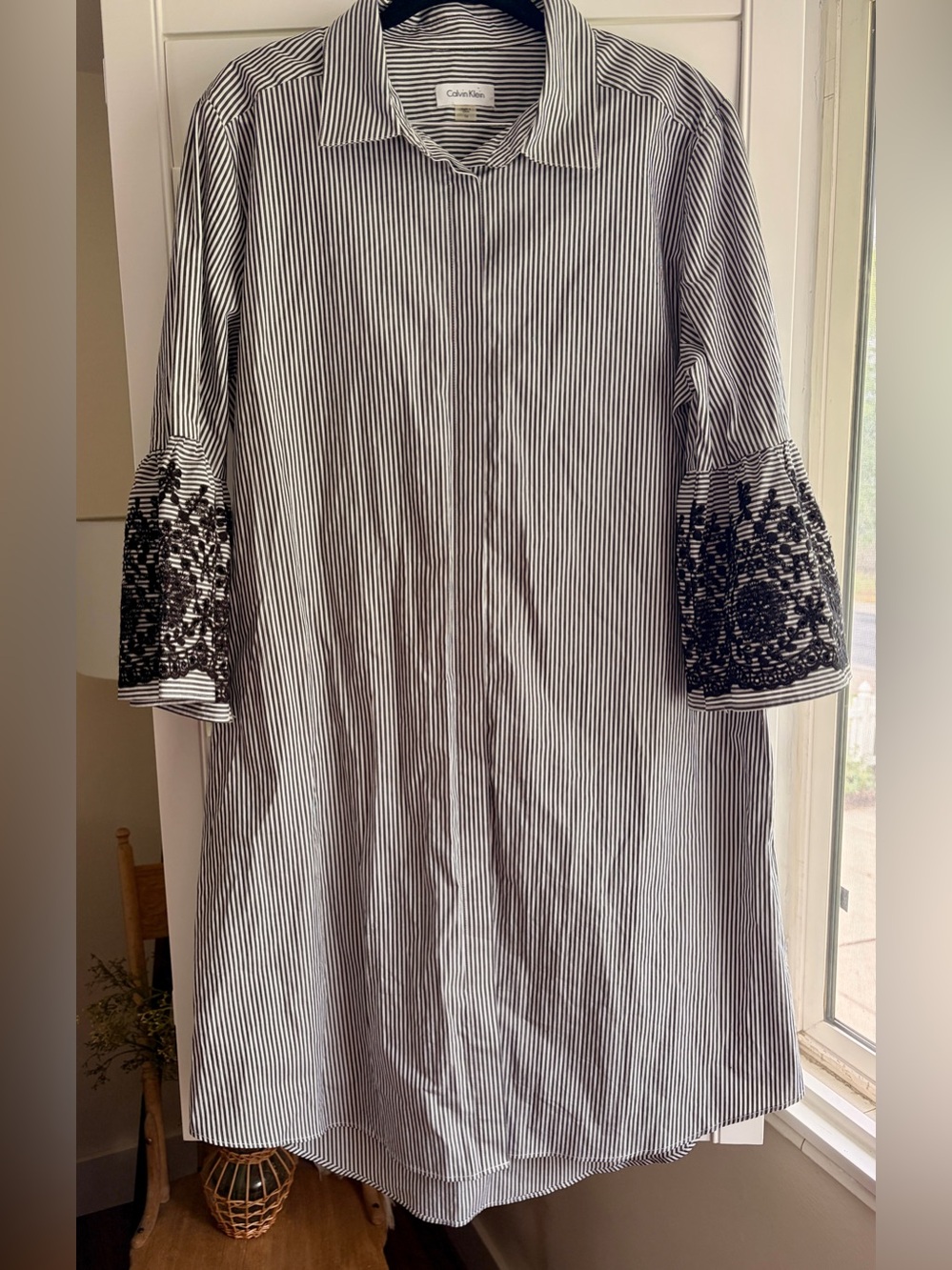 Calvin Klein Gray and White Striped Bell Sleeve Shirt Dress